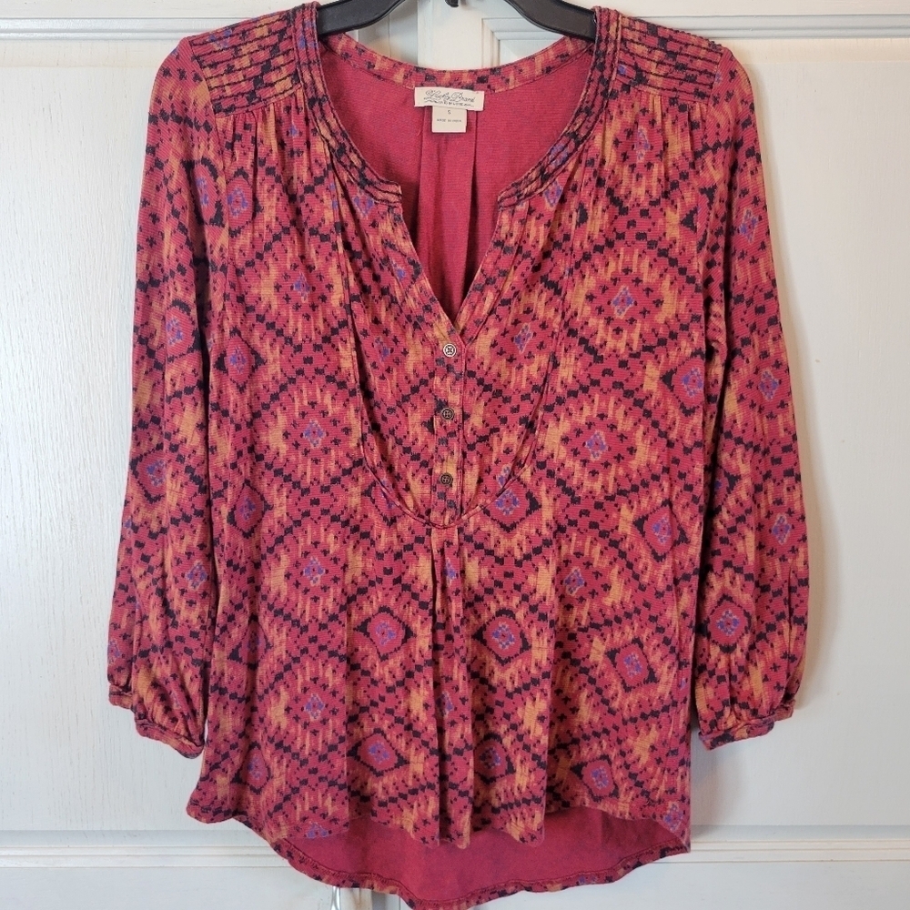 Lucky Brand Red Orange Black Blue Pattern Boho Peasant Top Blouse